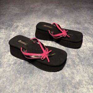 Vintage Y2K Demonia Platform Flip Flops Black Pink Bow Scalloped Goth Sandals 9